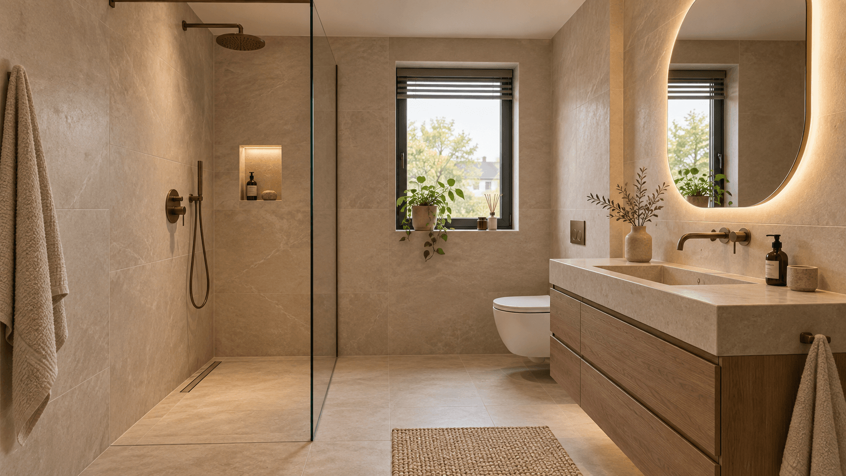Sfeerbeeld van een warme moderne badkamer