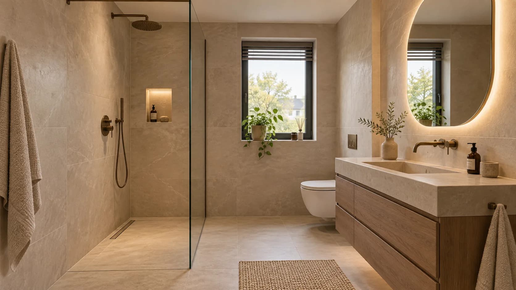 Sfeerbeeld van een warme moderne badkamer