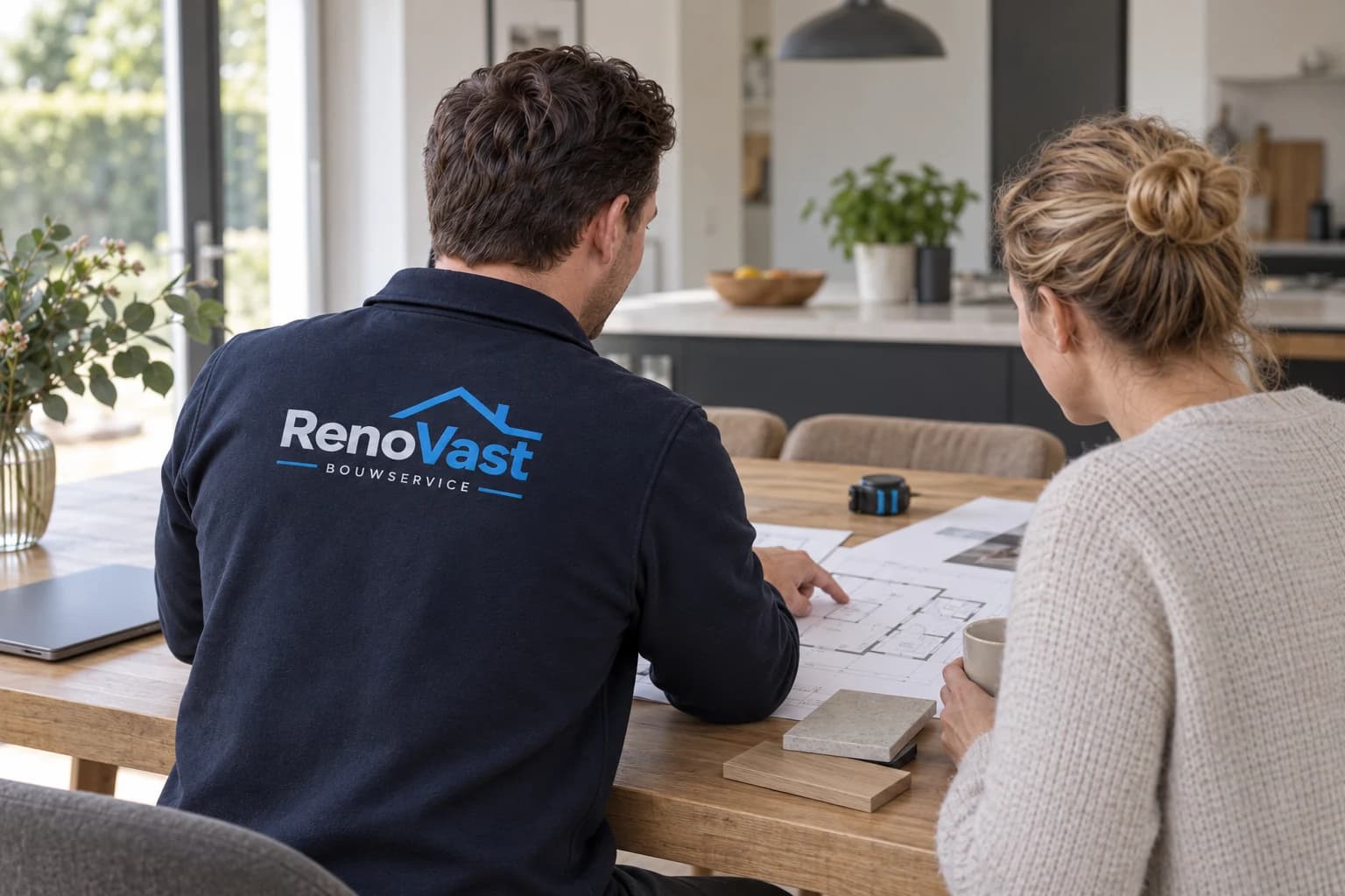 Sfeerbeeld van een renovatieplan dat samen aan tafel wordt besproken