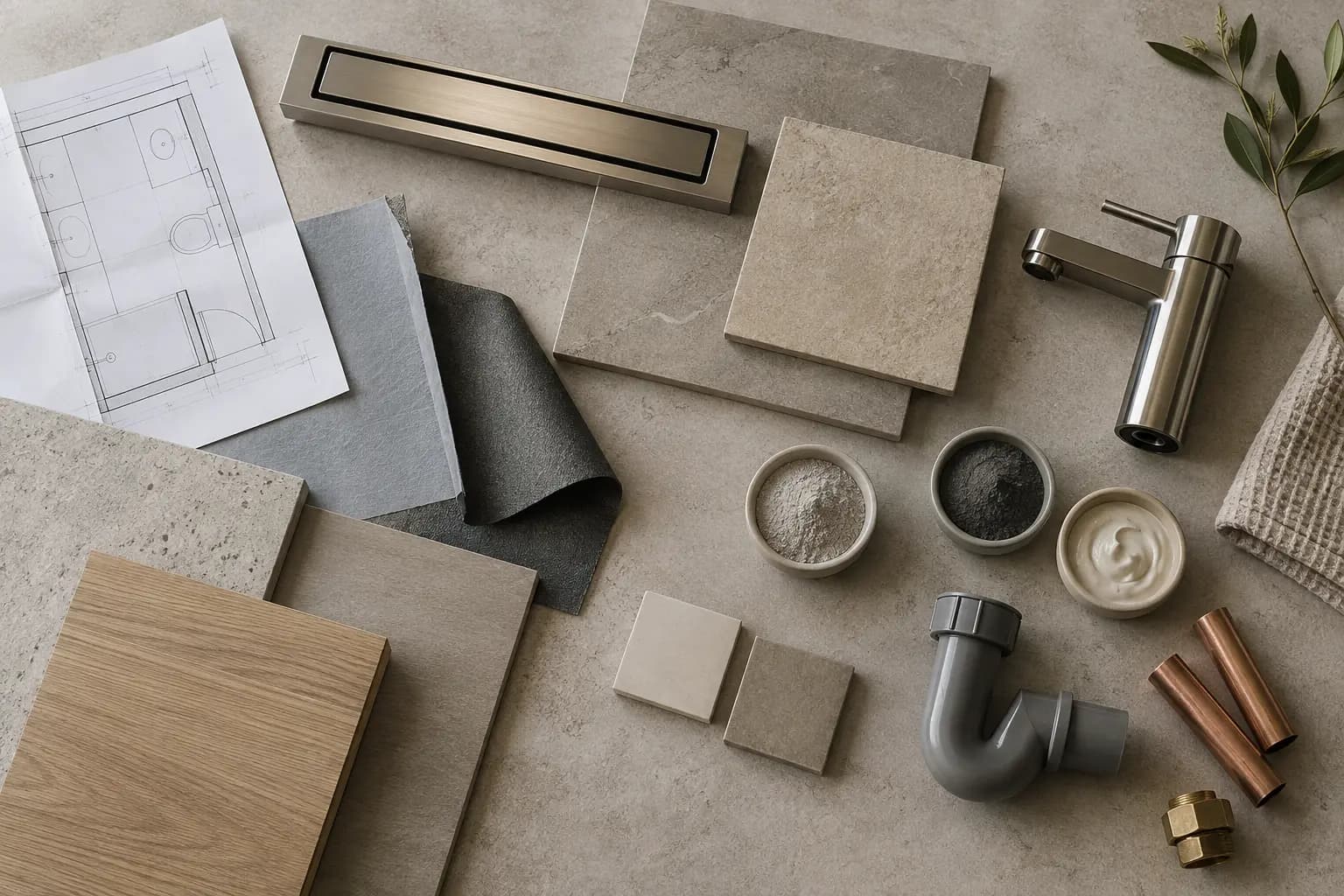 Tegels, leidingwerk en afwerkingsmaterialen voor een badkamerrenovatie