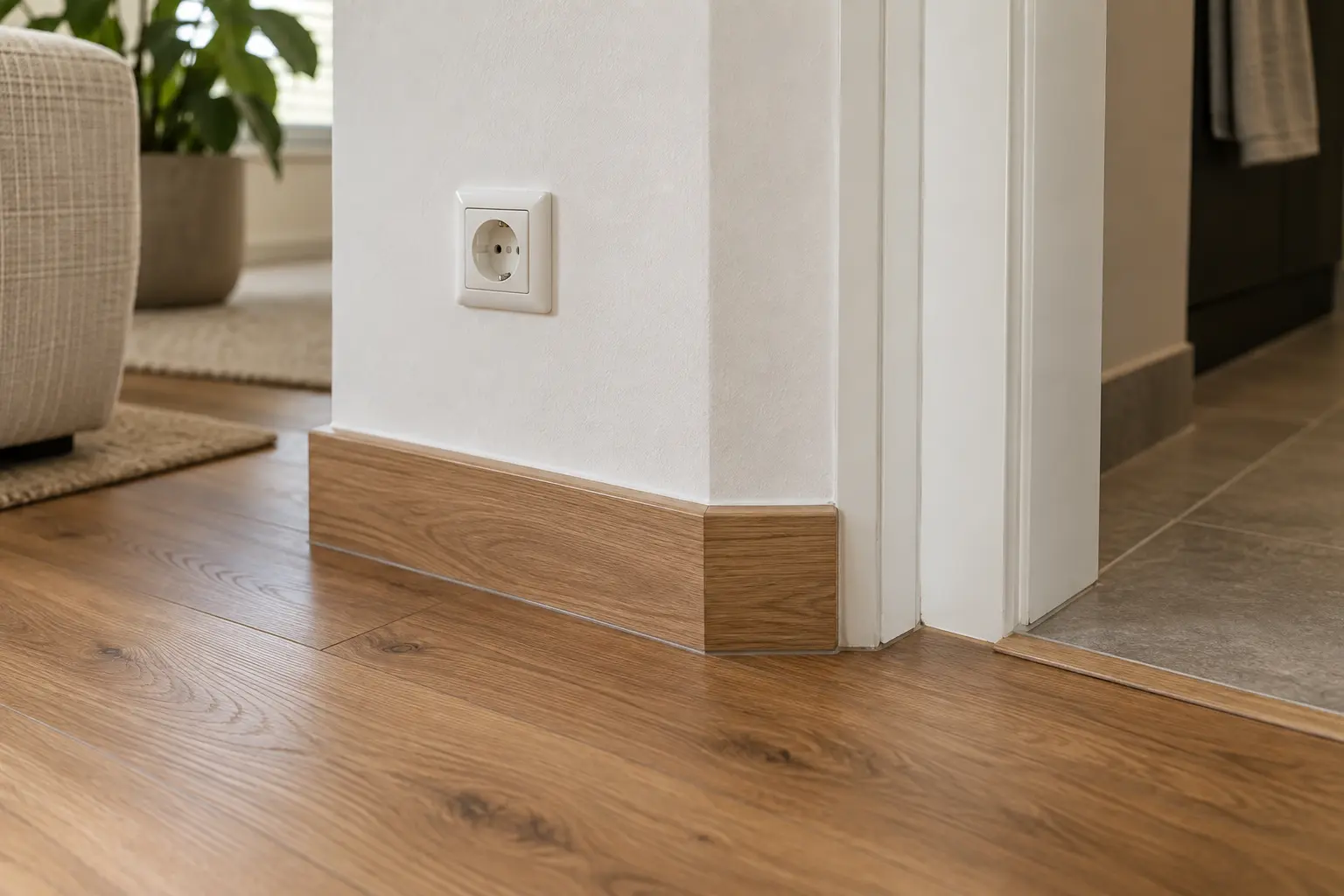 Detail van vloer, plint, wandcontactdoos en nette binnenafwerking