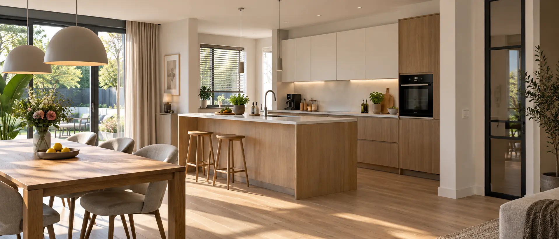 Open keuken die aansluit op de woon- en eetruimte