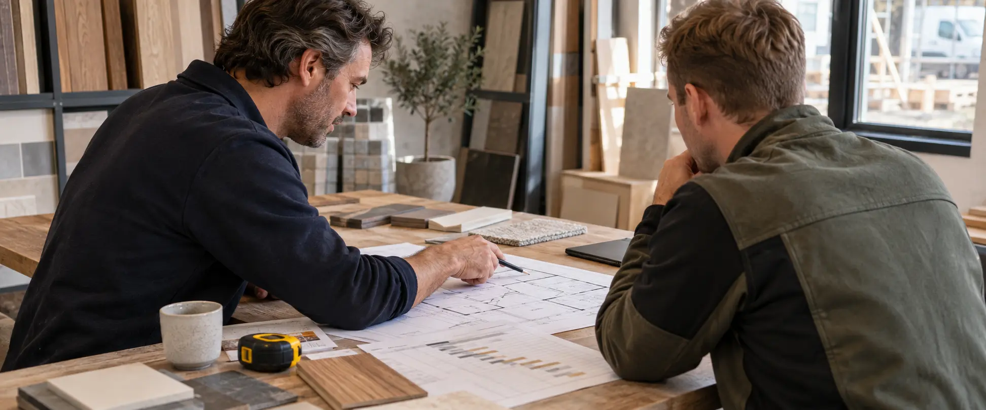 Twee vakmensen stemmen planning en materiaalkeuzes af